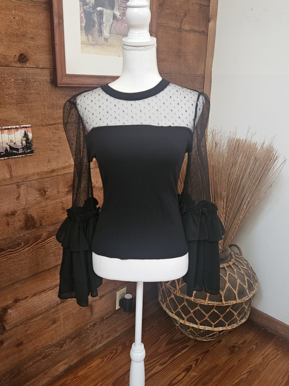 Gracia Black Sheer Dot Yoke Top with Ruffled Bell Sleeves